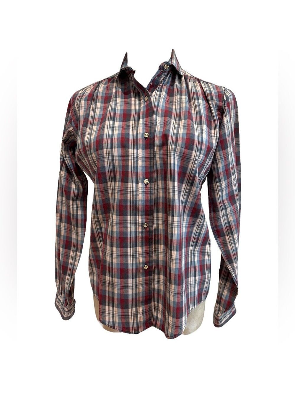 70s NANTUCKET CREAM RED BLUE CLASSIC PLAID BUTTON DOWN SHIRT W PETER PAN COLLAR